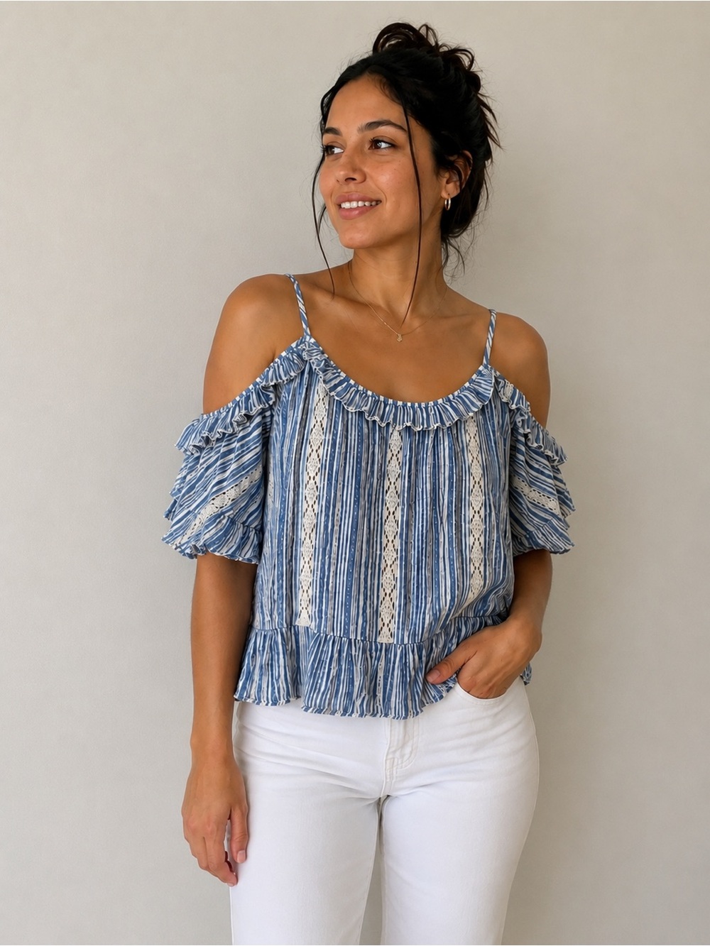 American Eagle NWT Blue Striped Cold Shoulder Ruffle Lace Blouse Small